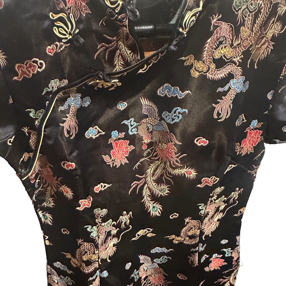 Vintage Chinese Dragon & Phoenix Satin Cheongsam Dress